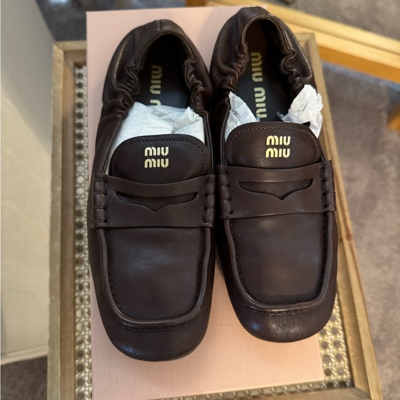 Miu Miu Other - Miu Miu Rouched back Nappa Leather Brown Loafers